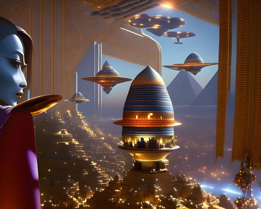 Blue-skinned animated woman gazes at futuristic golden city with pyramids and flying vehicles at dusk