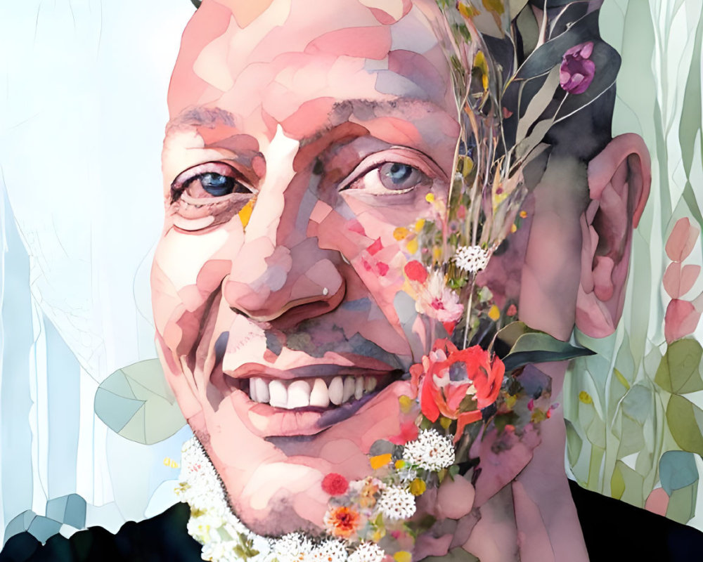 Colorful Watercolor Portrait with Flowers and Greenery Integration