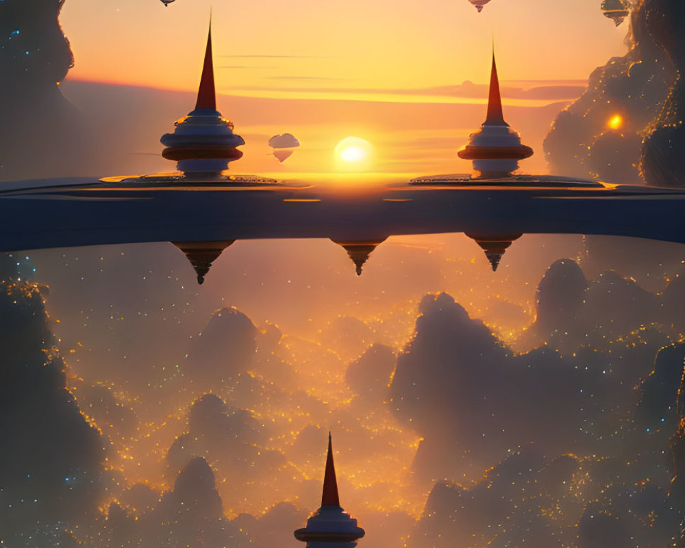 Fantastical sunset scene with floating islands, airships, and glowing elements