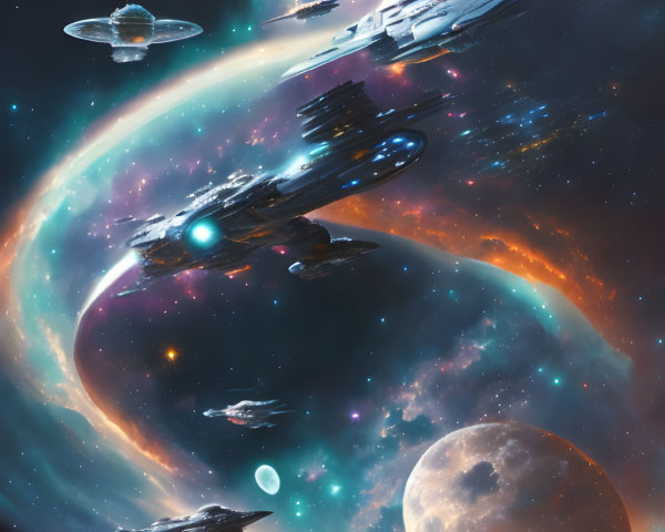Colorful Nebulae and Spaceships in Vibrant Cosmic Scene