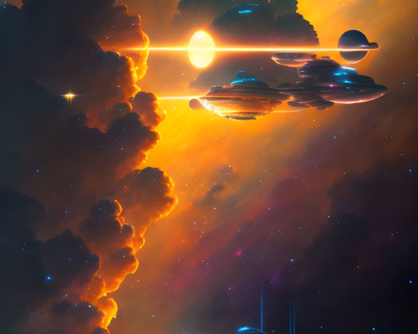 Three futuristic spacecraft in cosmic scene with dazzling star and glowing nebulae