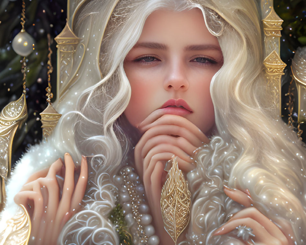Fantasy image: Pale-skinned person with white hair, gold jewelry, snowflakes, and