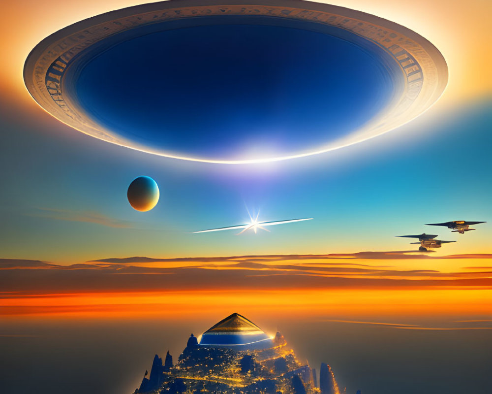 Futuristic cityscape with illuminated pyramids and skyscrapers under hovering spaceship