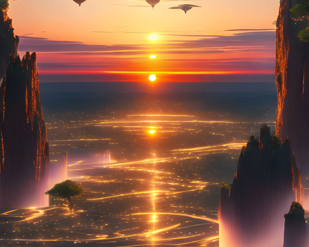 Futuristic landscape with floating islands and flying vehicles at sunset
