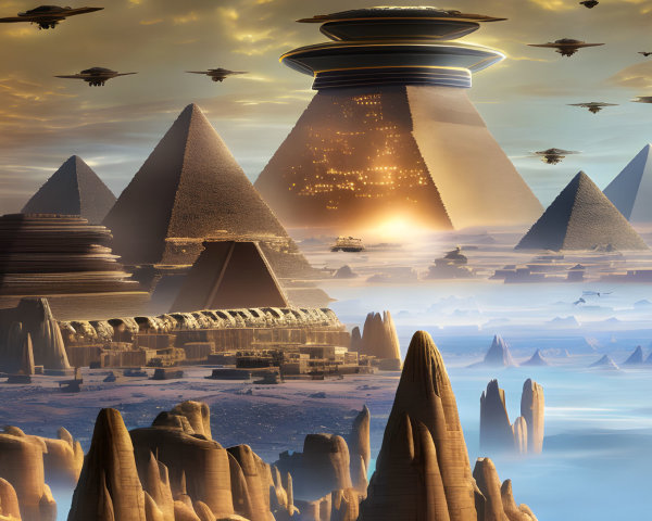 Futuristic landscape with pyramids, advanced city, and hovering ships