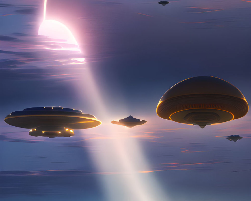 Surreal flying saucers and pyramids in twilight landscape