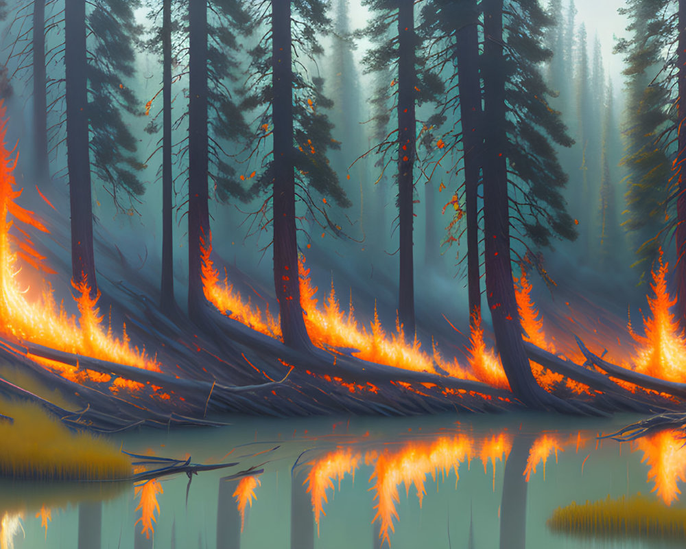 Tranquil forest landscape with tall pine trees, reflective water, and misty ambiance at sunrise or