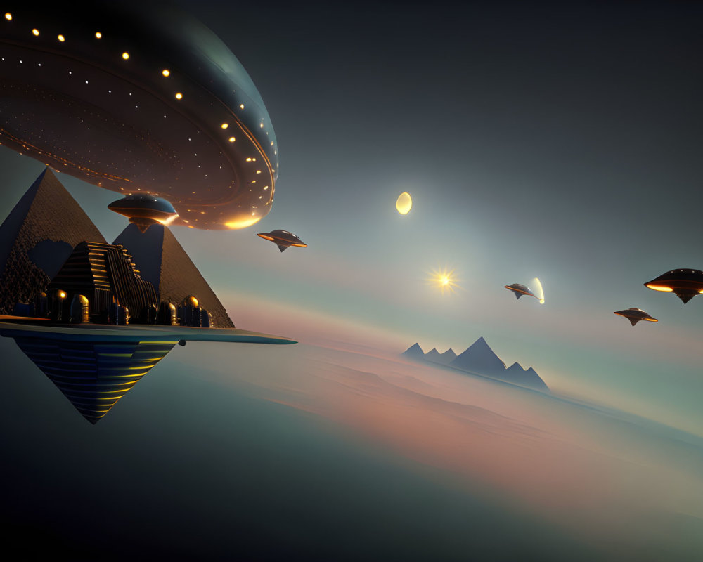Futuristic landscape with hovering mothership, pyramids, and twilight sky