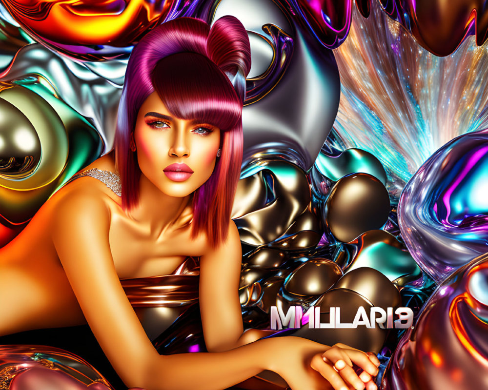 Digital artwork of woman with pink hair on abstract metallic background