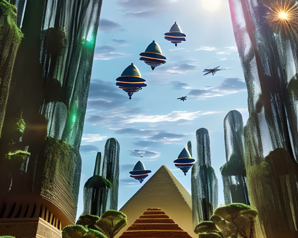 Futuristic green crystal structures, pyramidal building, trees, and spacecraft in blue sky