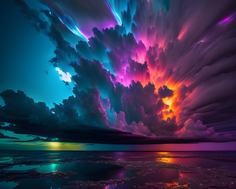 Dramatic sky with iridescent clouds over tranquil ocean