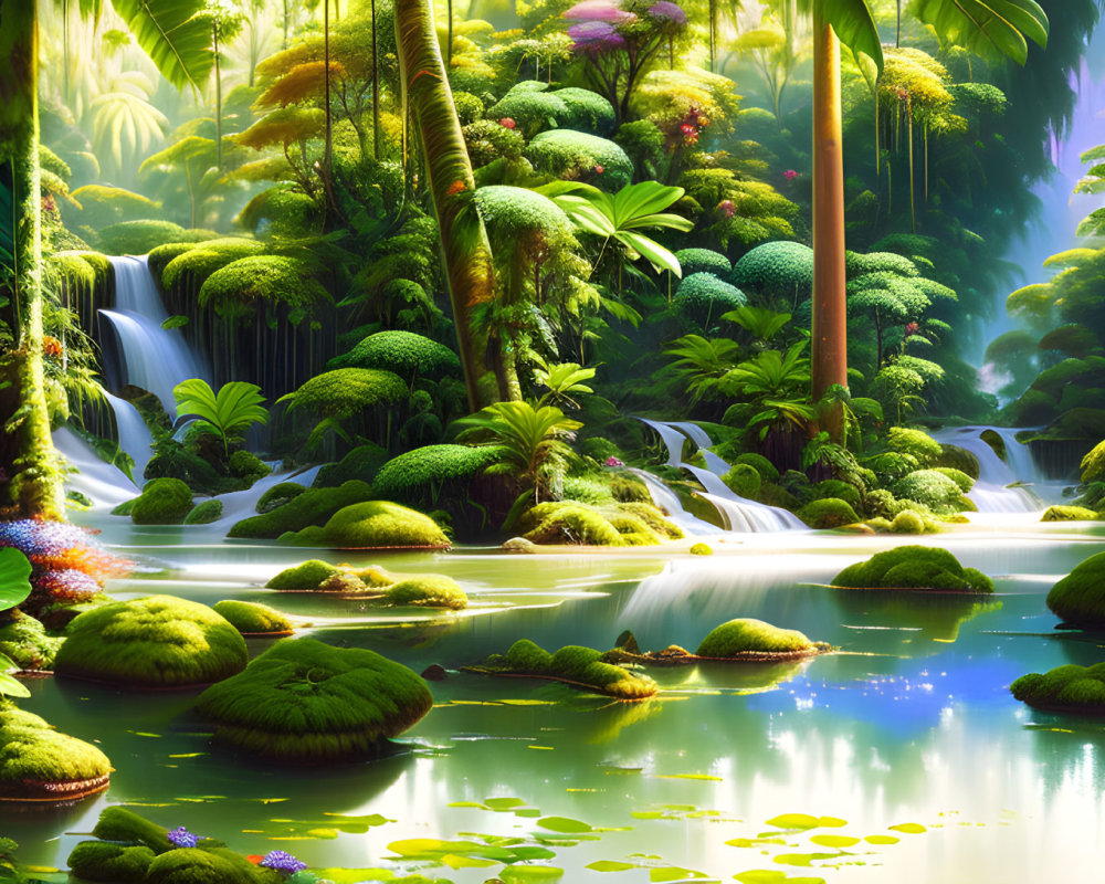 Lush Tropical Forest with Waterfalls and River