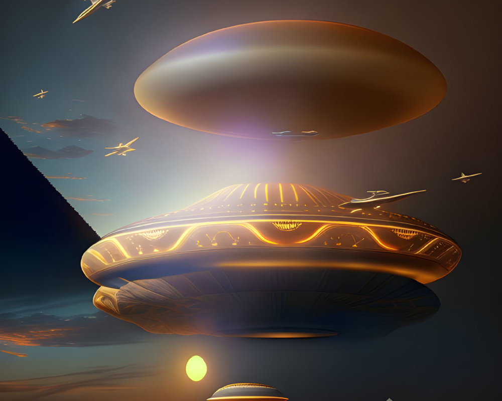 Large UFOs Hovering Above Egyptian Pyramids at Sunset