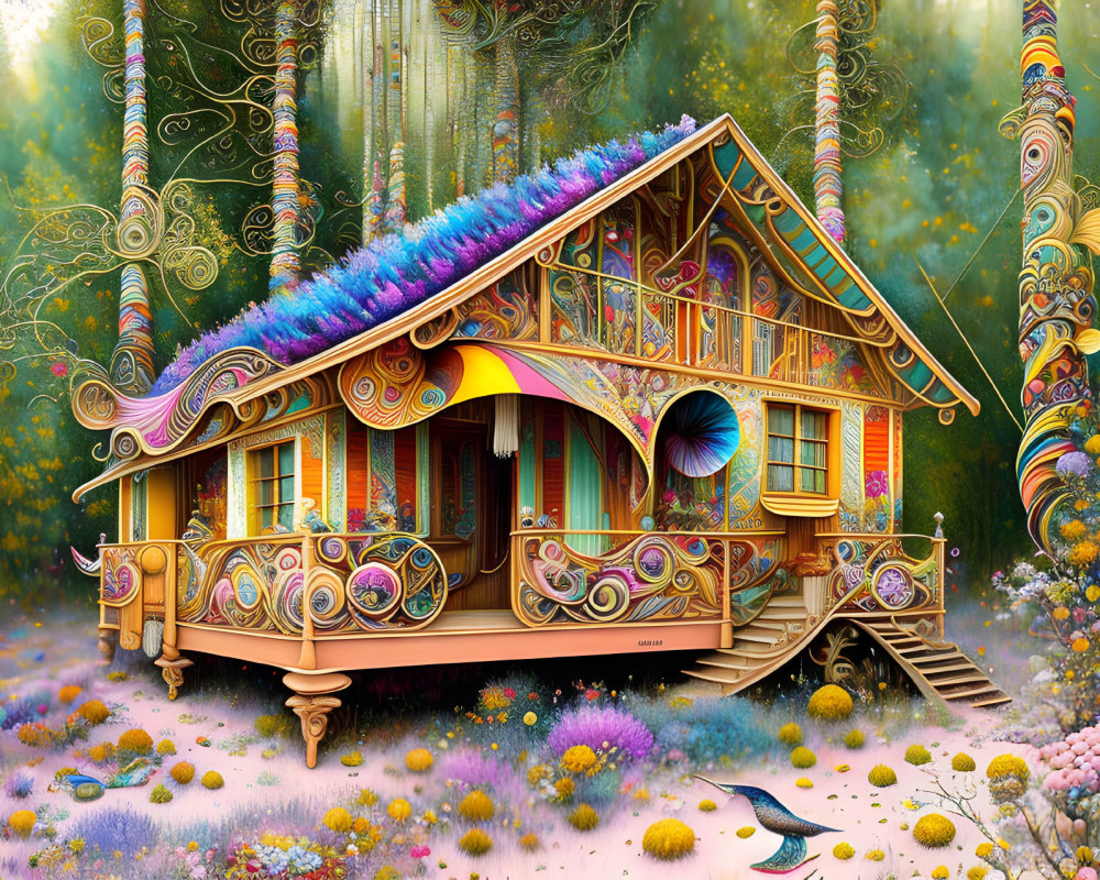 Whimsical cottage in vibrant, colorful garden