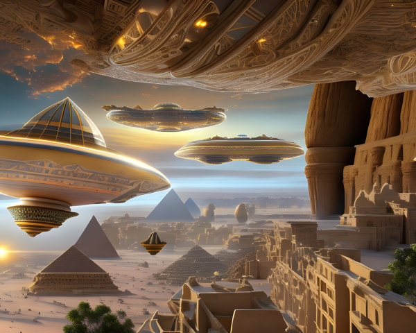 Futuristic spaceships above ancient Egyptian pyramids and ruins