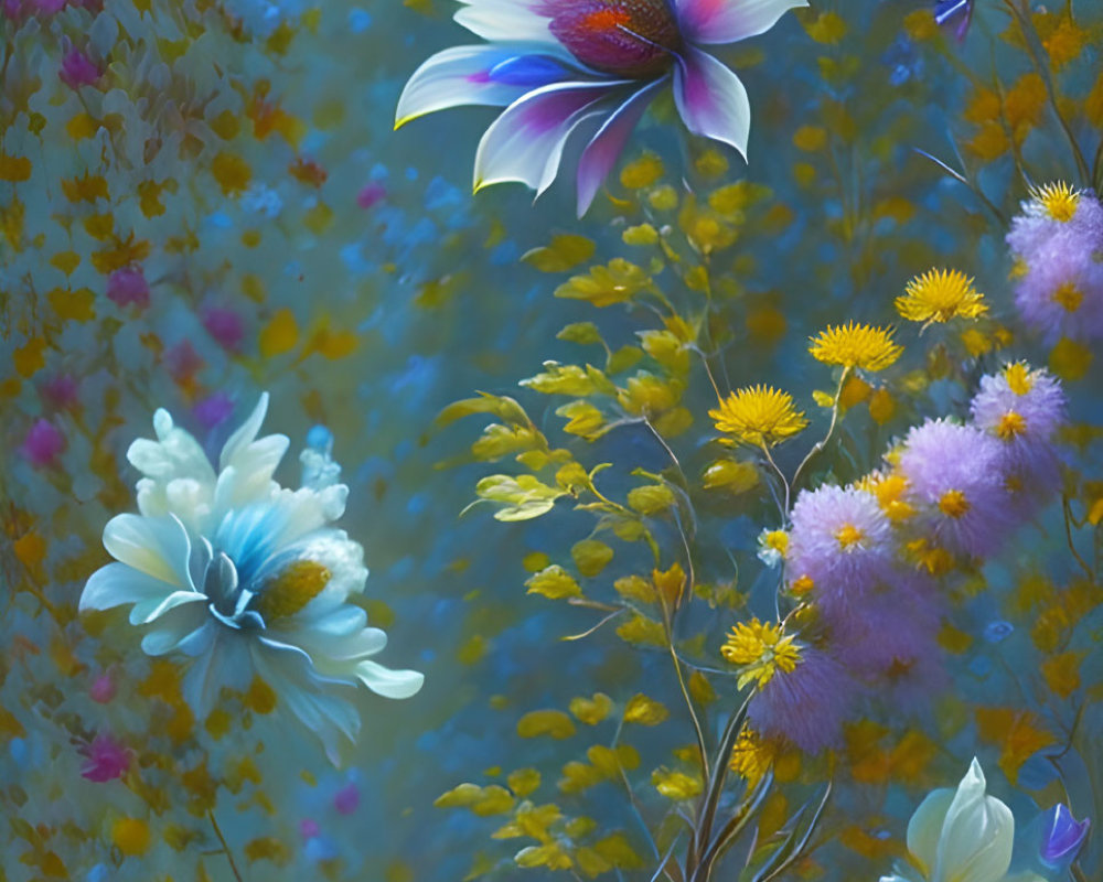Colorful flowers and butterflies in digital art on blue backdrop