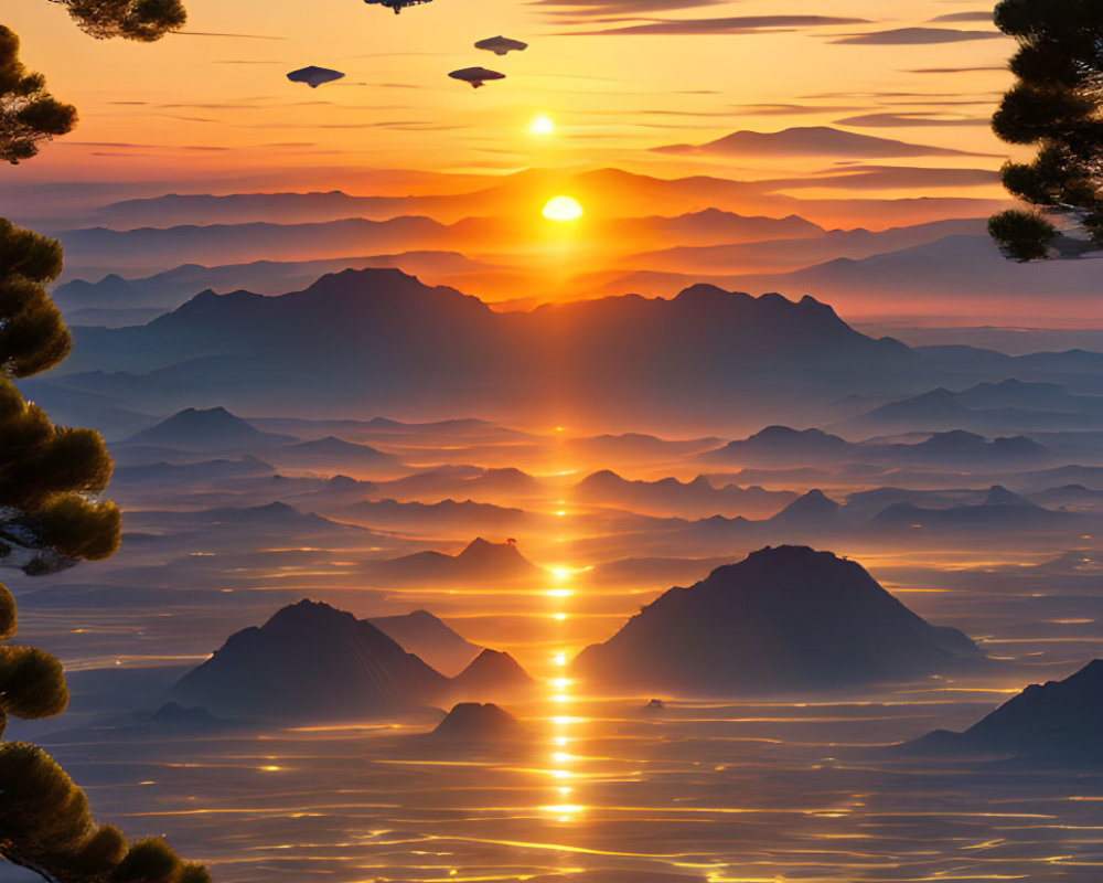 Misty mountain sunrise with surreal flying saucers