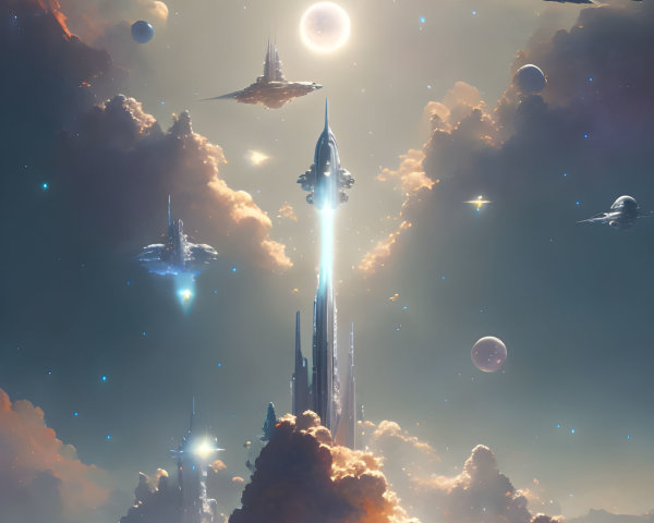 Futuristic sci-fi scene: Spaceships, towering structure, planets, and bright sky