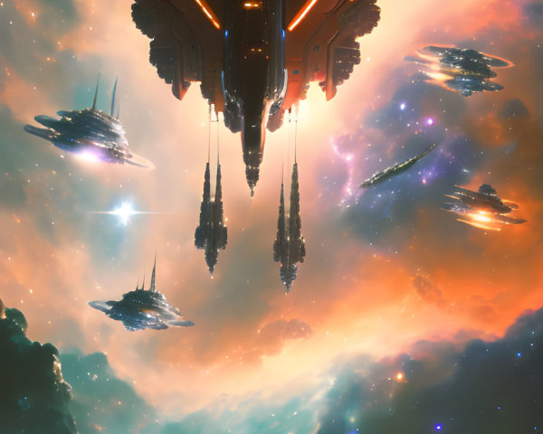 Futuristic spaceships in vibrant nebula with orange and yellow hues