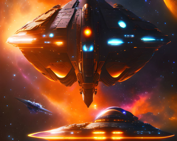 Futuristic spacecrafts journey through cosmic landscape