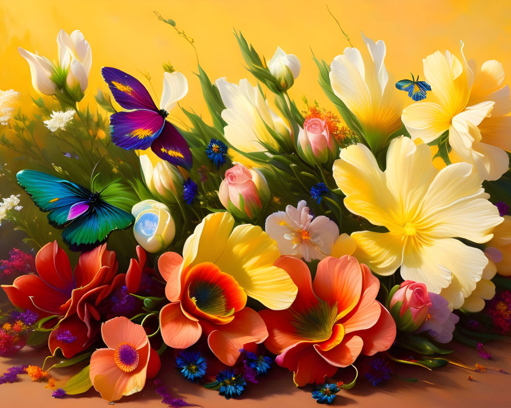 Colorful Flowers and Butterflies on Golden Background