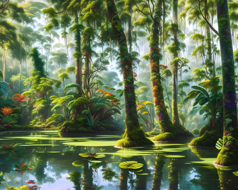 Tranquil pond with lush greenery, towering trees, blooming flowers, and misty ambiance