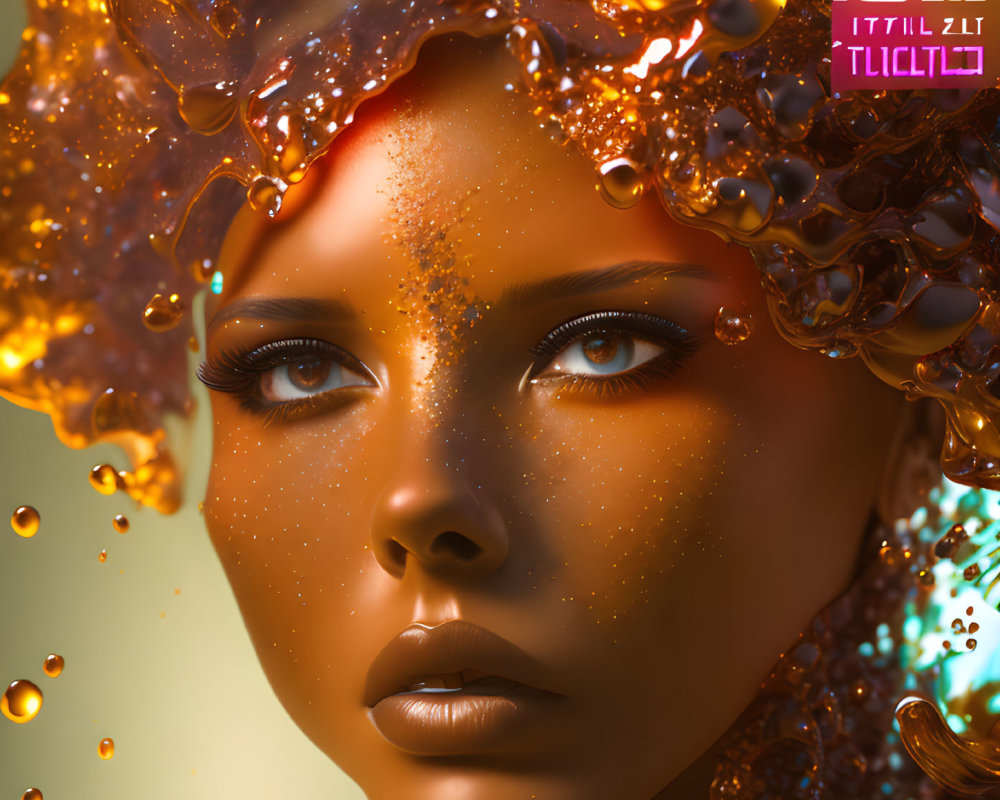 Digital artwork featuring woman with amber-hued skin and honey-like hair.