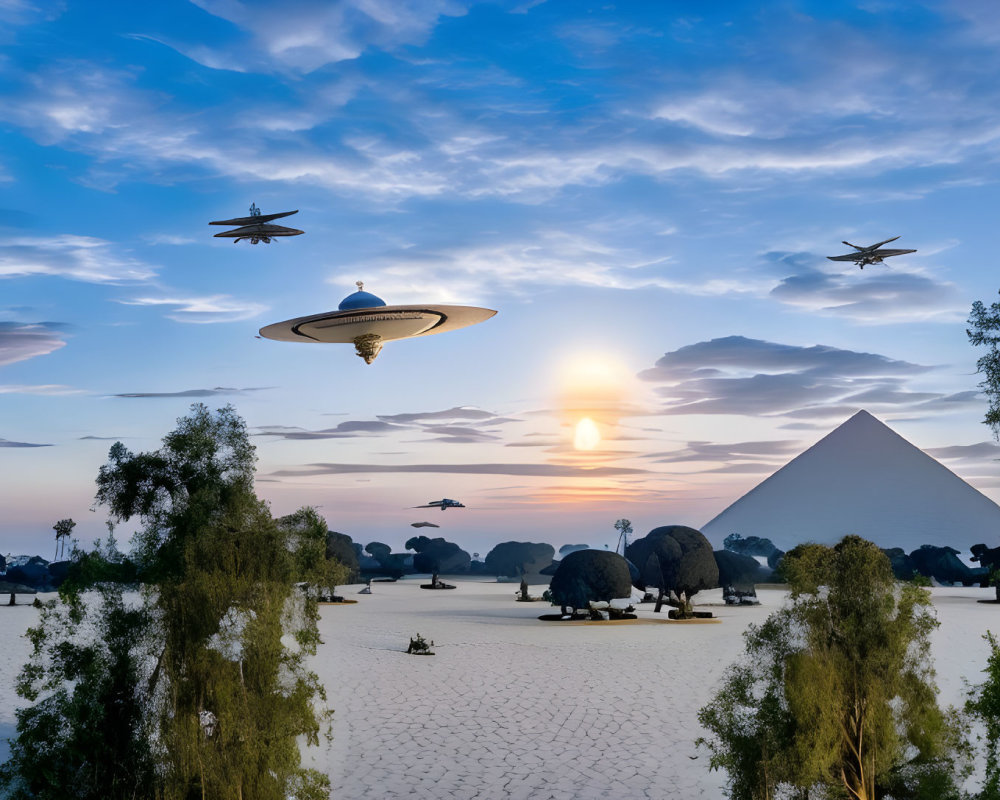Pyramid, trees, and UFOs in serene sunset landscape
