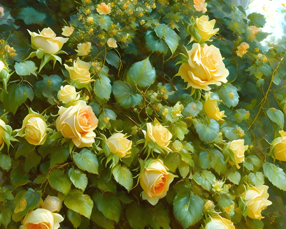 Vibrant yellow rose bush in soft dreamy setting