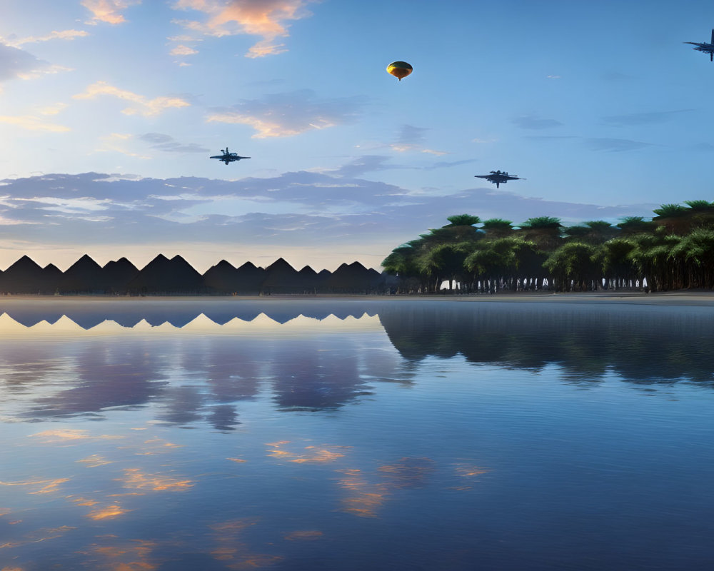 Tranquil lake scene with palm trees, huts, colorful sunset sky, hot air balloons,