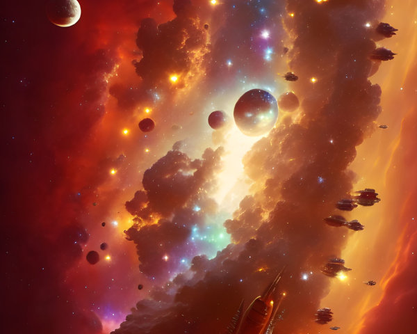 Colorful space scene with planets, spaceship, and nebula in red-orange cosmos