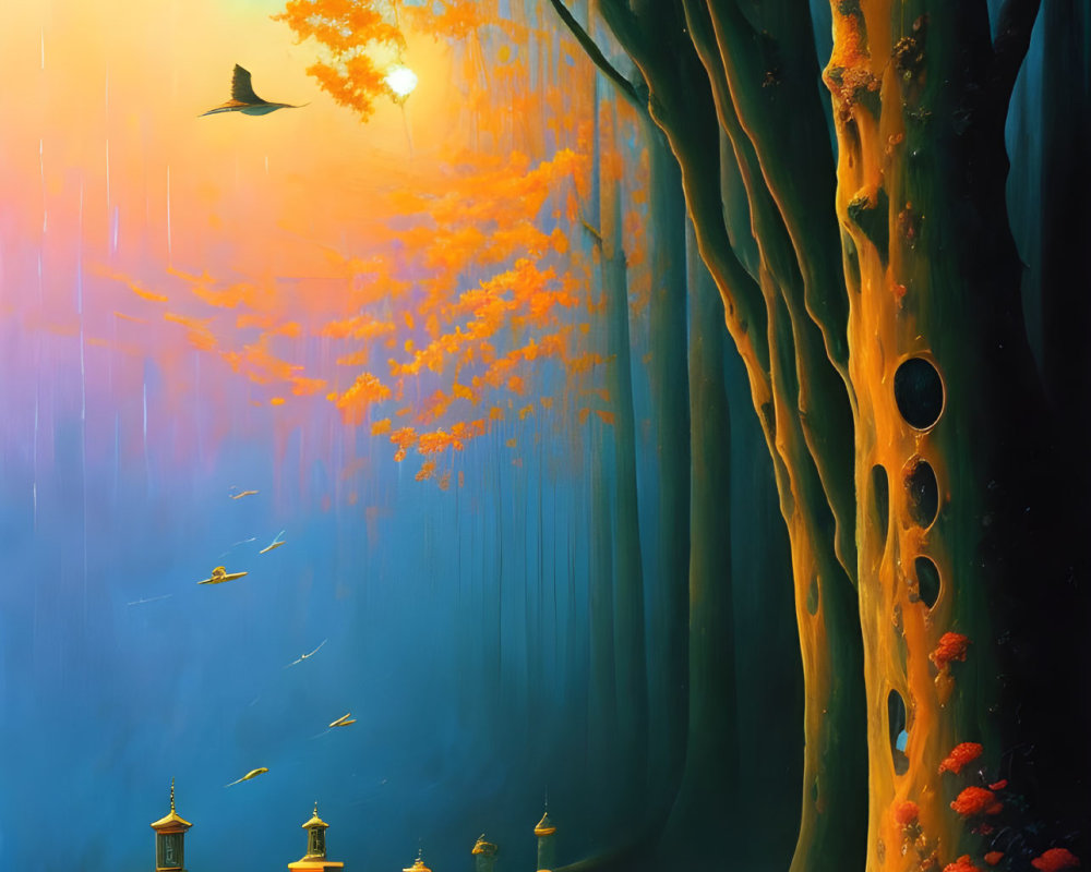 Digital Artwork: Magical Forest Scene with Trees, Bridge, Bird, and Sunset