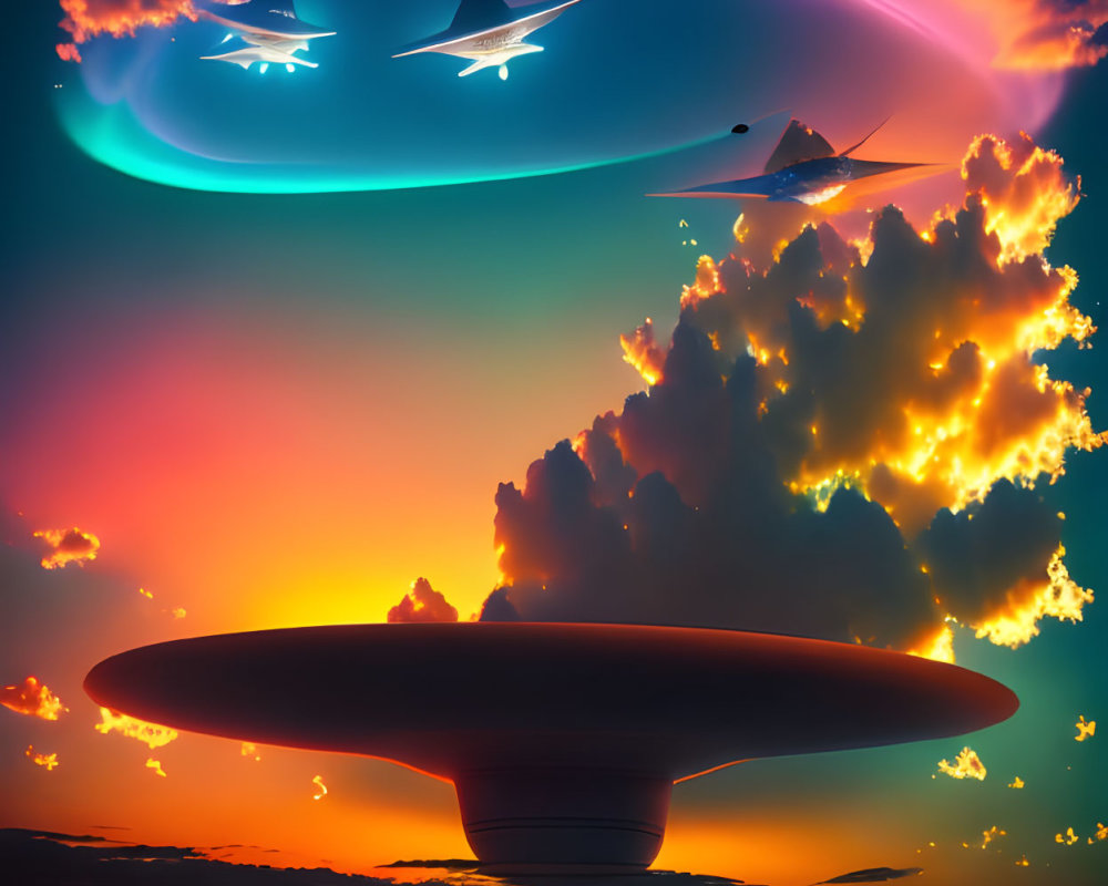 Vibrant sunset painting with pyramids, flying saucers, and light effects