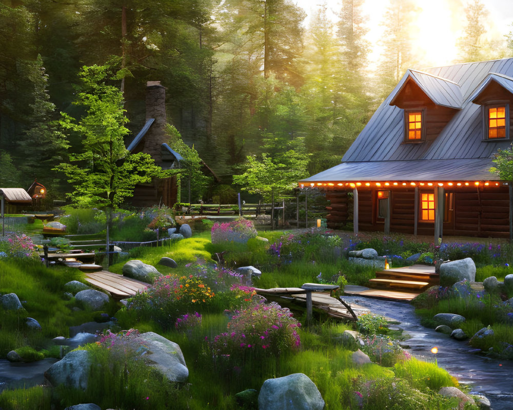 Tranquil dusk woodland cabin by babbling brook
