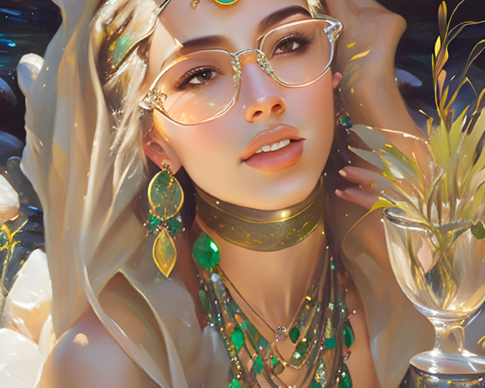 Elaborately adorned woman basks in sunlight among nature
