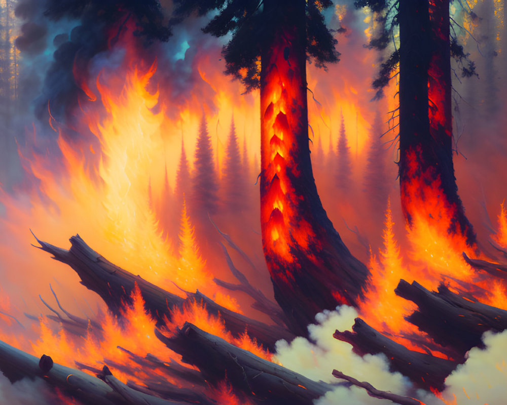 Forest Fire Illustration: Trees and Logs Engulfed in Flames