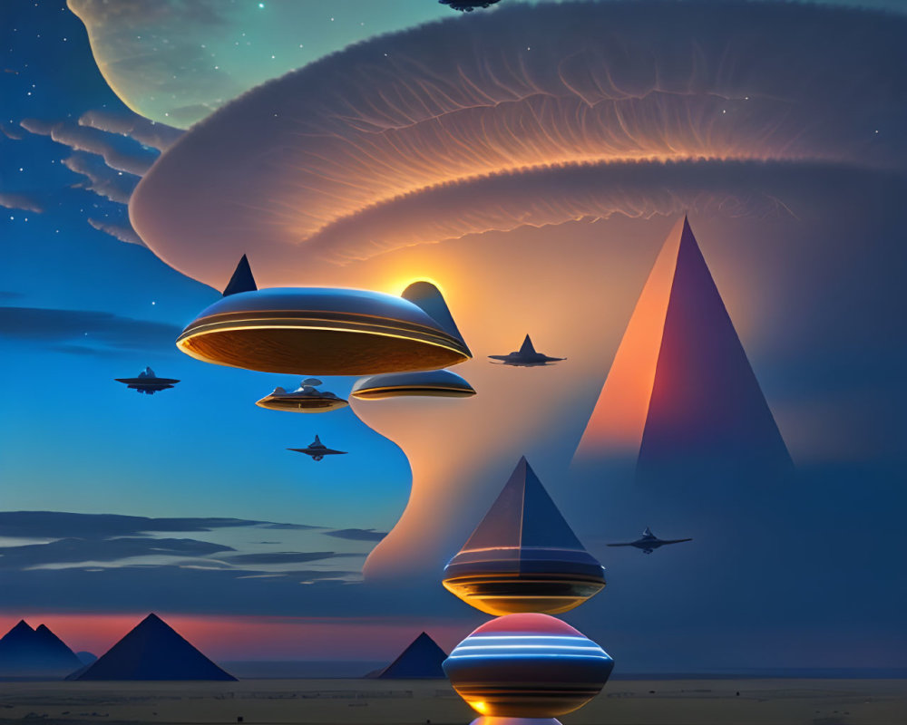 Surreal landscape with pyramids, futuristic aircraft, starlit sky, reflective water, swirling cloud