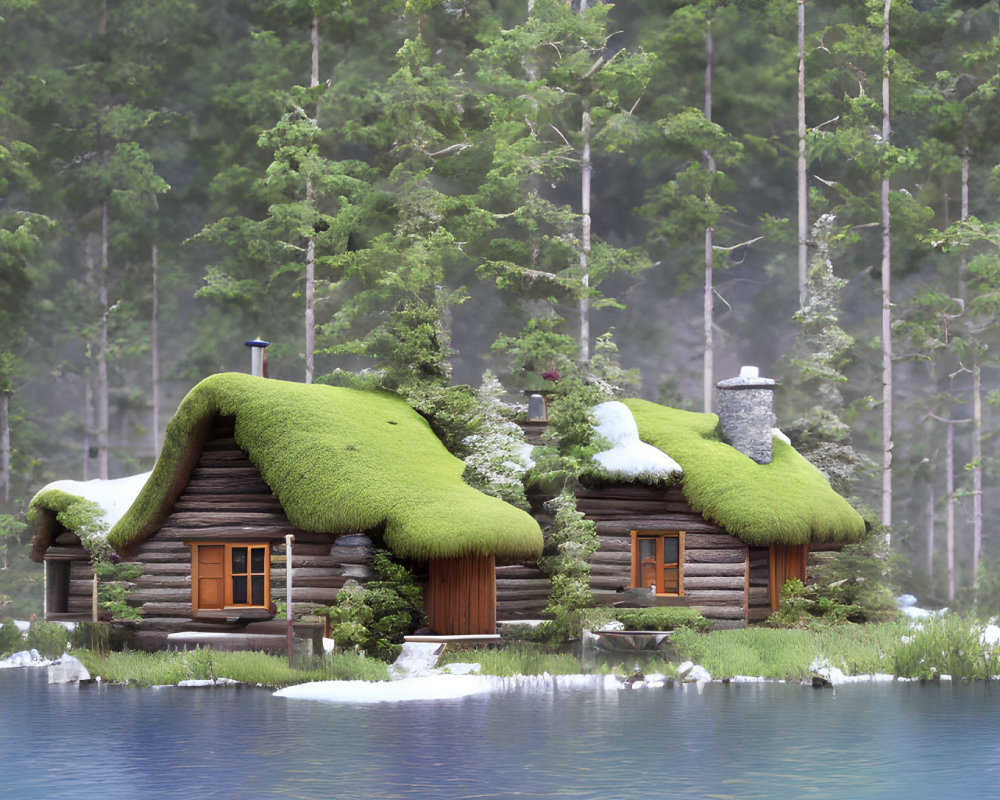 Rustic wooden cabin by misty lake and forest landscape