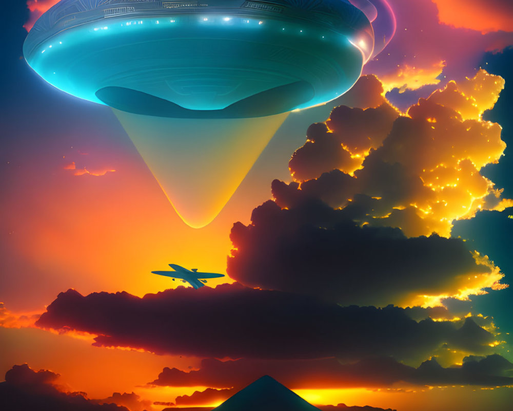 Large UFO emitting light above pyramid landscape with smaller UFOs