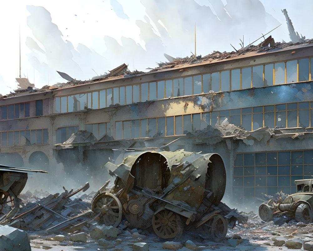 Abandoned building with broken windows, rusty vehicles, and debris