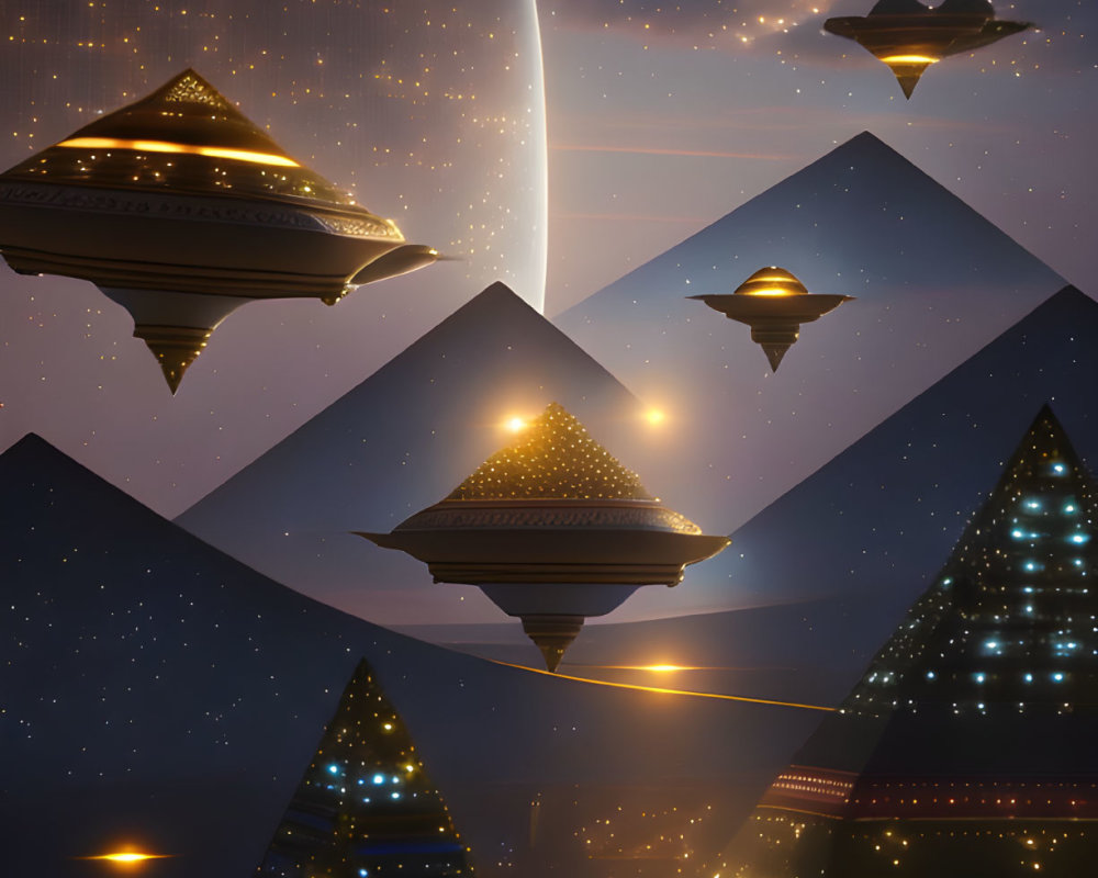 Fantastical night scene: Illuminated pyramids over mountainous terrain