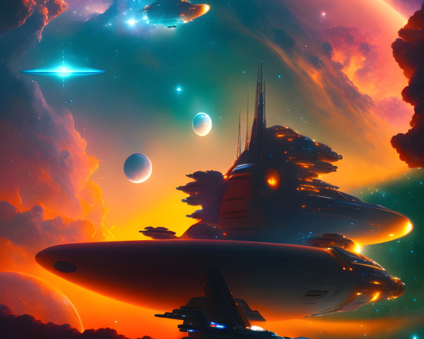 Futuristic spacecrafts in vibrant cosmic space