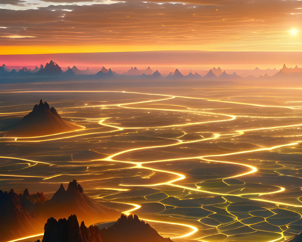 Futuristic sunset landscape with UFOs and illuminated terraced fields.
