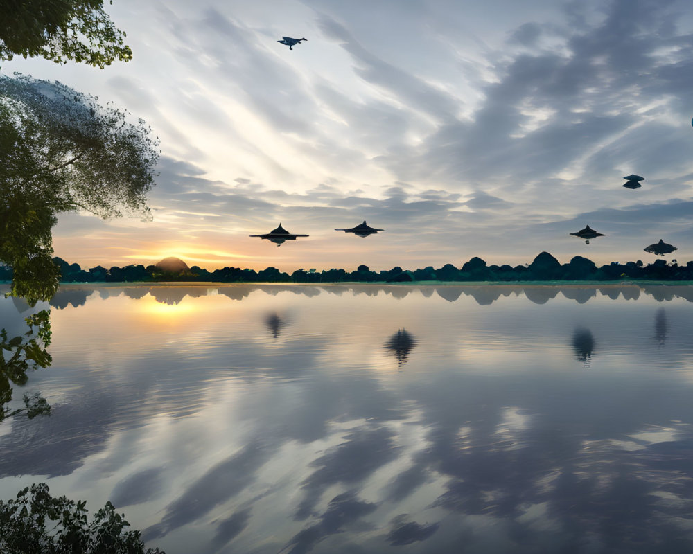 Tranquil sunset lake scene with sky reflection, UFOs, parachutes, and trees