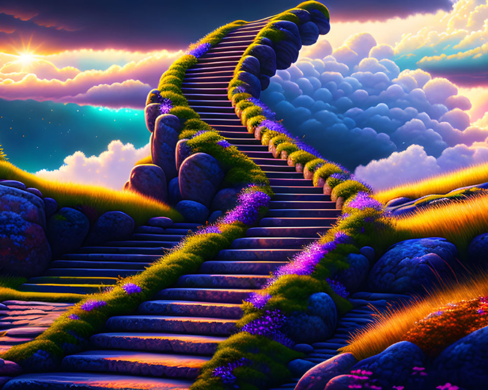 Vibrant sunset landscape with stone staircase and colorful clouds