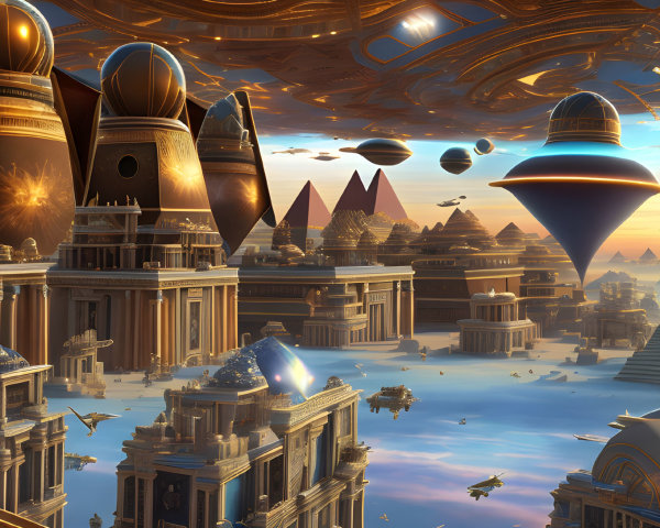 Futuristic cityscape with flying vehicles and grand ancient-inspired architecture