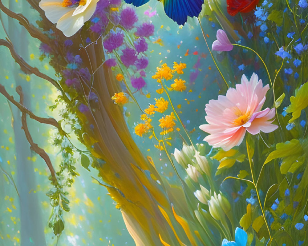 Colorful forest scene with flowers and butterflies in digital art