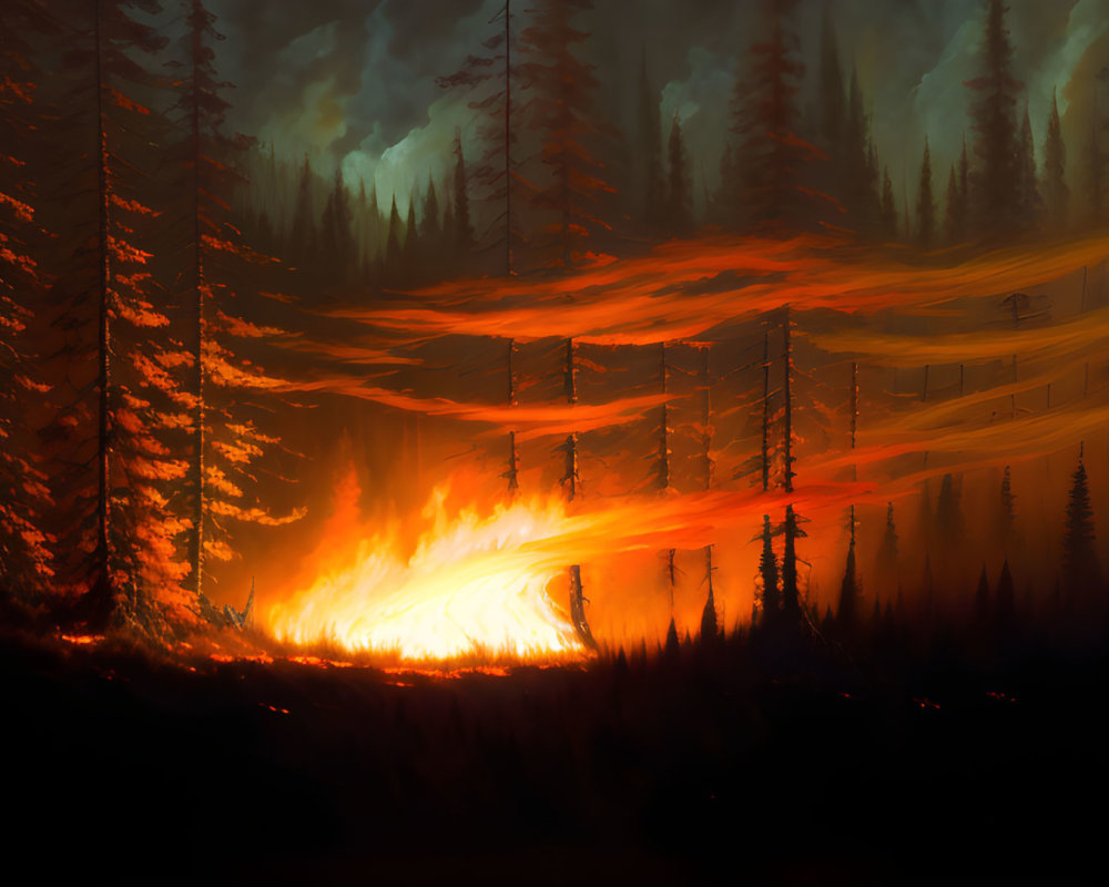 Intense wildfire engulfing dense forest at dusk
