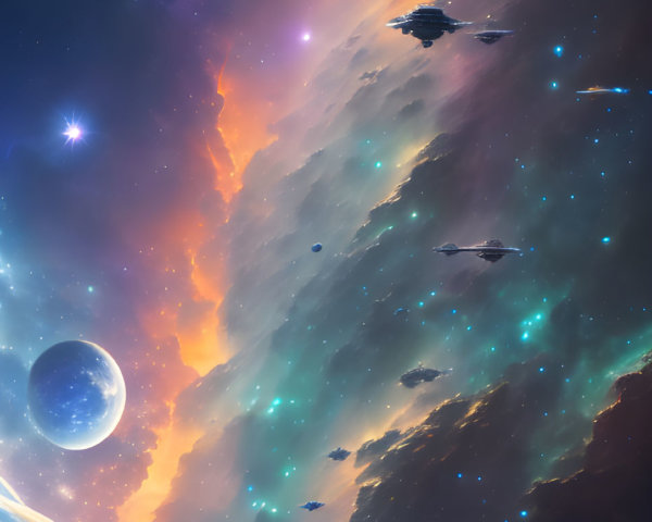 Futuristic spaceship on celestial body with vivid cosmic backdrop