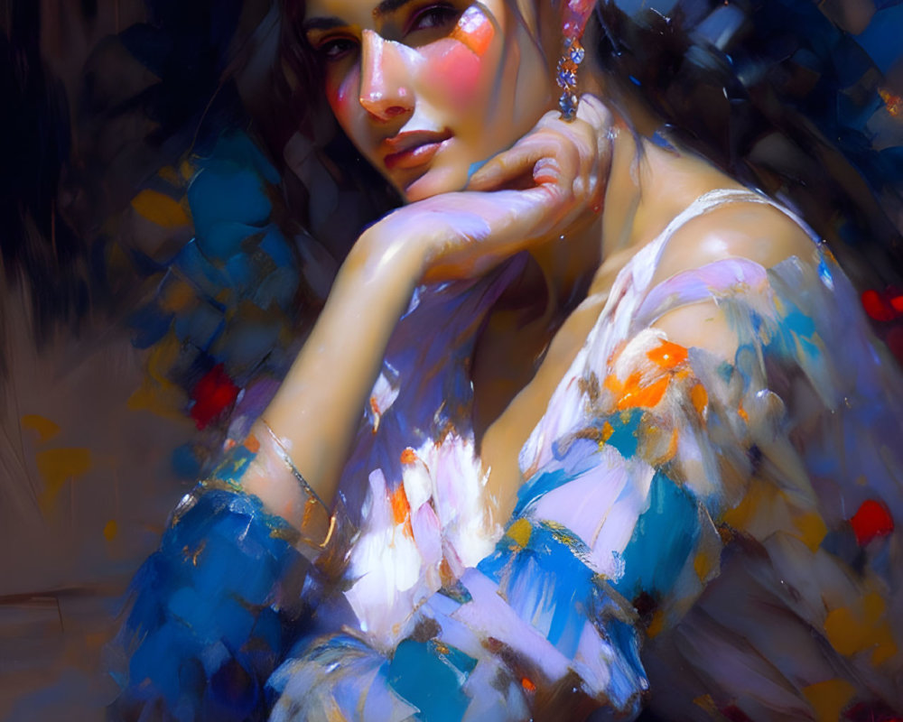 Portrait of a Woman with Dark Hair in Vibrant Blue and Red Colors